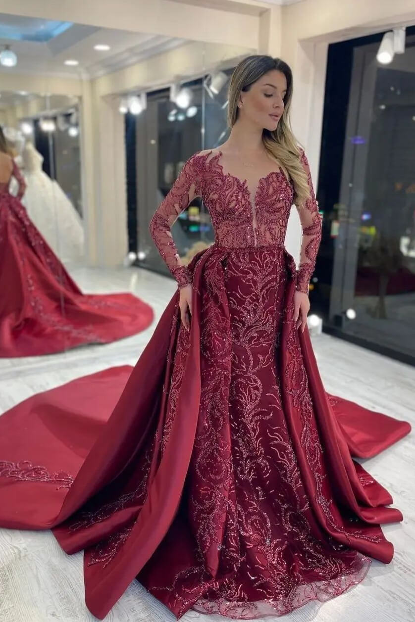 Burgundy Long Sleeve Mermaid Evening Dress With Beautiful Sequins Beadings Overskirt
