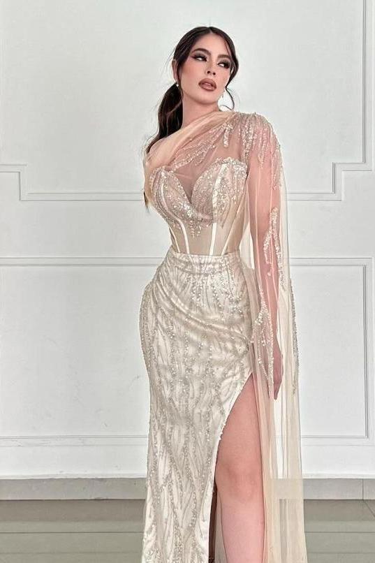 Champagne Sweetheart Sleeveless Beadings Long Formal Dress With Side Split