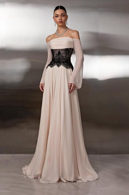 Off the Shoulder Long Sleeves Long Formal Dress With Lace Pleated
