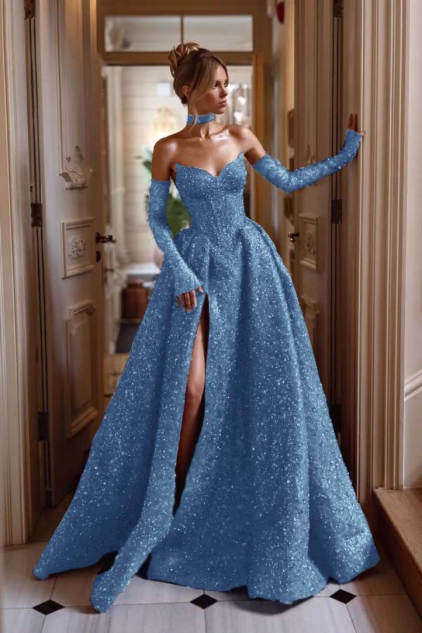 Strapless Sleeveless Long Split Formal Dress With Sequins Detachable sleeves