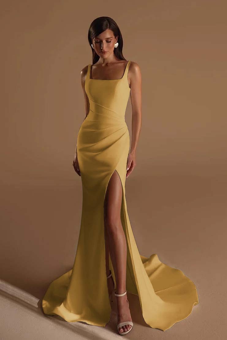Straps Sleeveless Long Mermaid Formal Dress With Split Pleated
