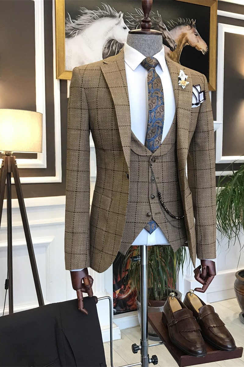 Archibald New Arrival Peaked Lapel Brown Plaid Three-Piece Business Men's Suits