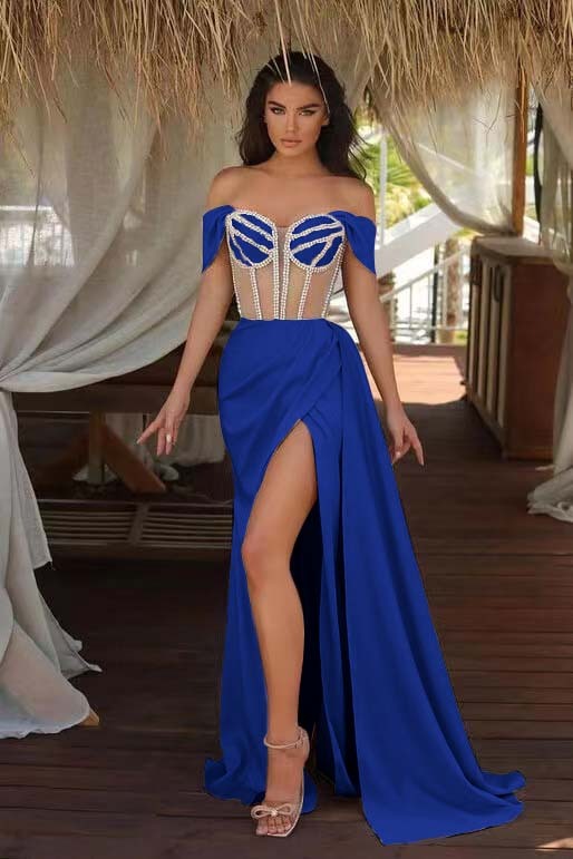 Champagne Ruffles Mermaid Formal Dress Beadings Split With Off the Shoulder