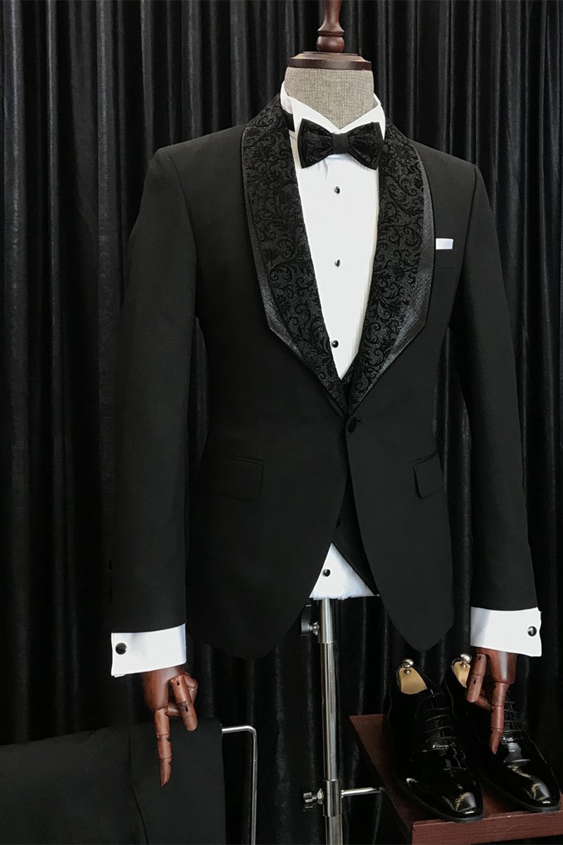 Stylish Slim-Fit Black Wedding Men's Suits with Special Jacquard Lapel