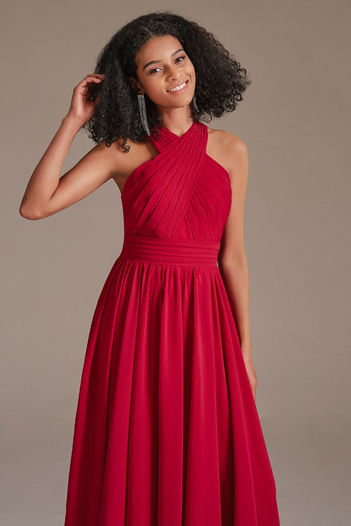 Chiffon Red Halter Bridesmaid Dress