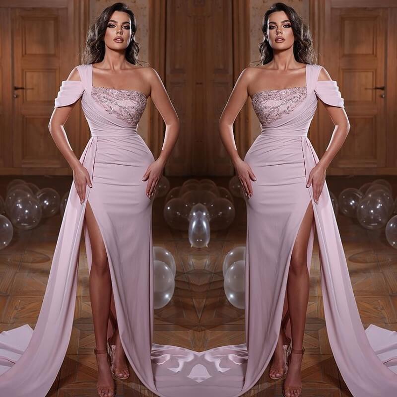 One Shoulder Glamorous Mermaid Sequins Evening Dress With Slit Ruffles