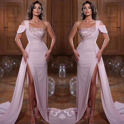 One Shoulder Glamorous Mermaid Sequins Evening Dress With Slit Ruffles