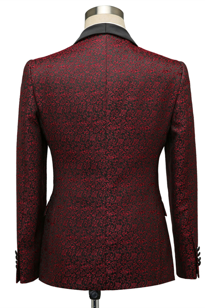 Unique Burgundy Shawl Lapel Jacquard One-Button Wedding Tuxedo