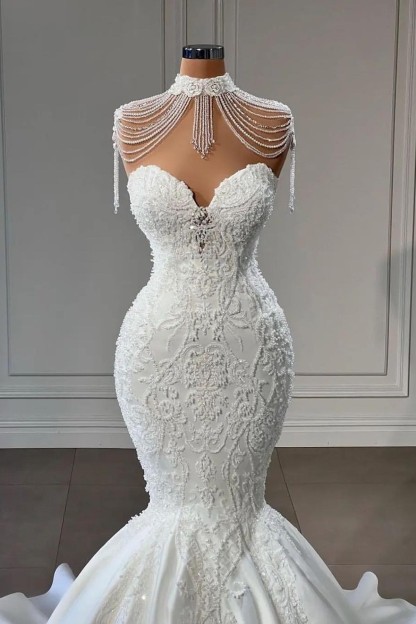 Luxury Sweetheart Satin Pearl Mermaid Long Wedding Dress with Lace