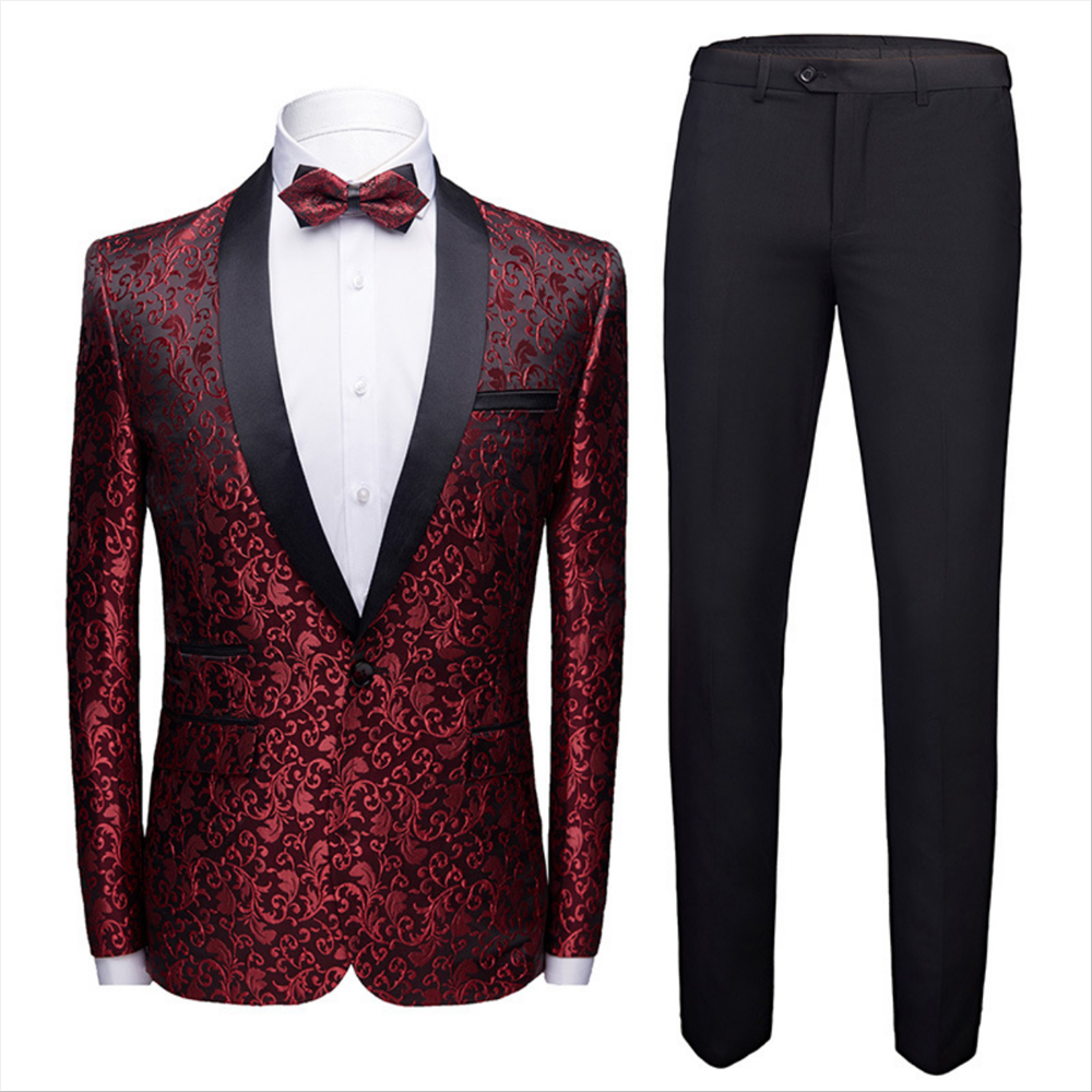 Classic Burgundy Shawl Lapel Jacquard Wedding Tuxedos Black Satin