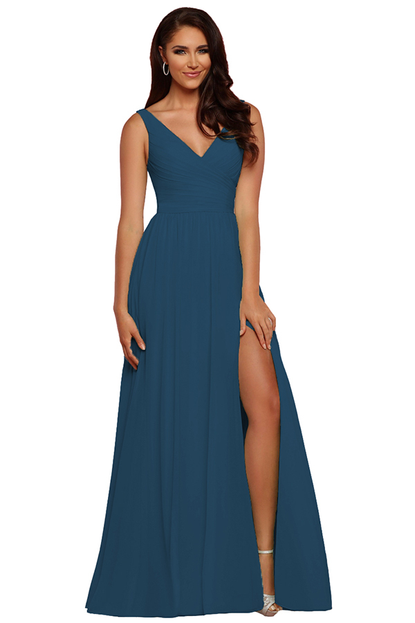 Sleeveless V-Neck Bridesmaid Dress with Split