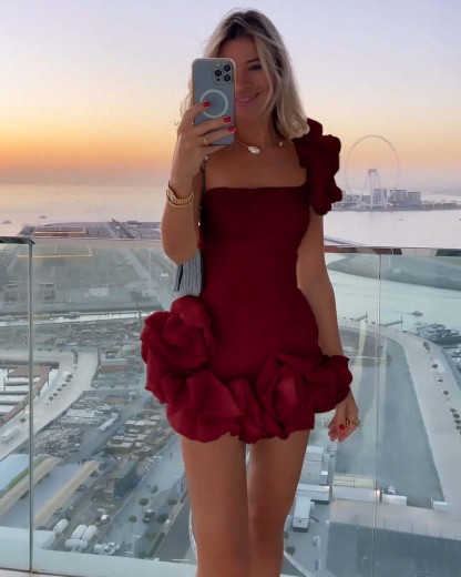 Ivory One-Shoulder Bloom Short Mini cocktail Dress