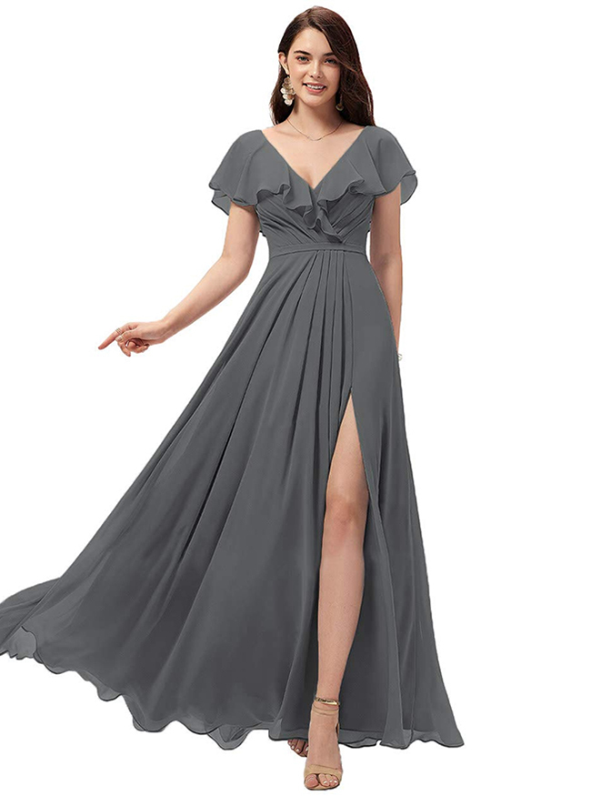 Chiffon Ruffles Bridesmaid Dress with Split