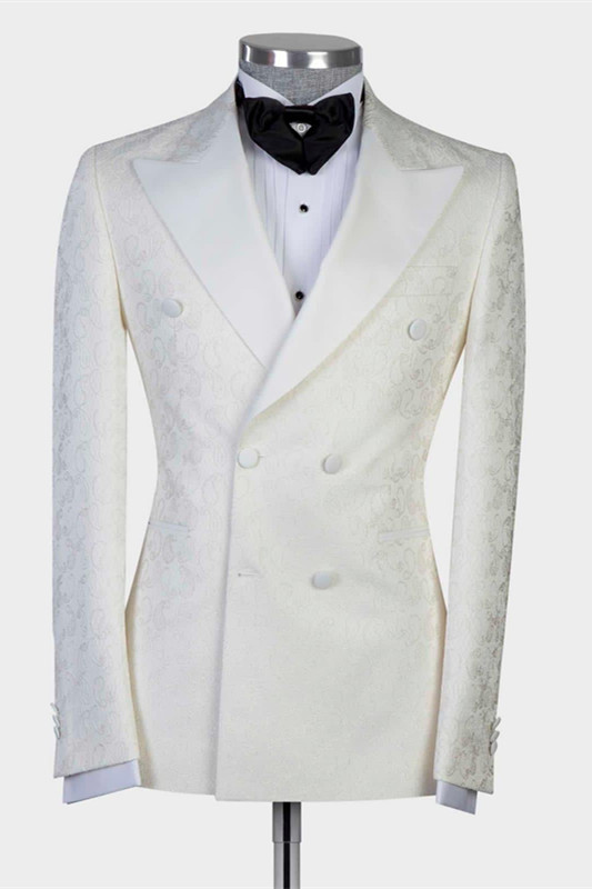 Stylish White Jacquard Peaked Lapel Double-Breasted Wedding Suit for Men