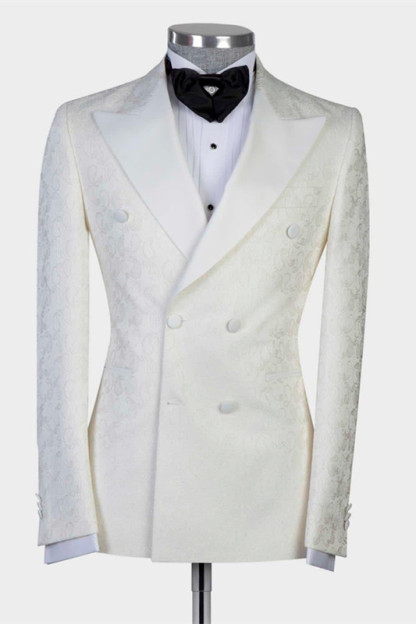 Stylish White Jacquard Peaked Lapel Double-Breasted Wedding Suit for Men