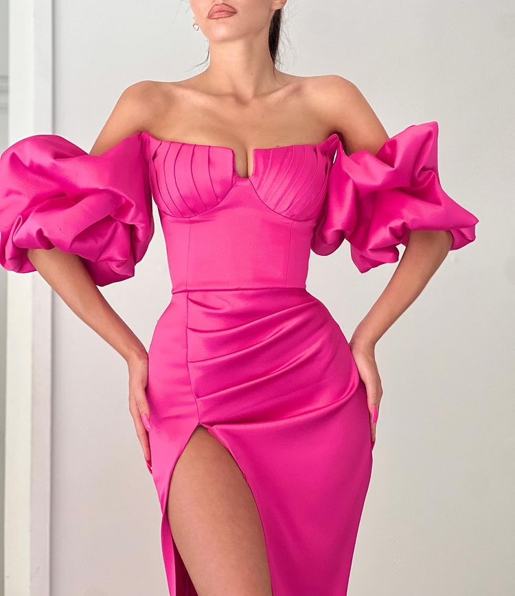 Fuchsia Strapless Mermaid Off-The-Shoulder Puff Sleeves Evening Dress With Split