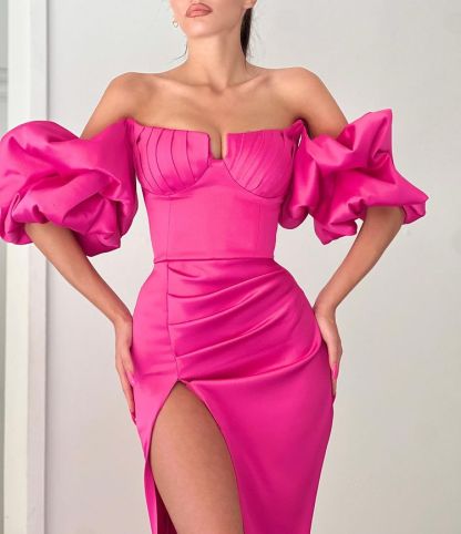Fuchsia Strapless Mermaid Off-The-Shoulder Puff Sleeves Evening Dress With Split
