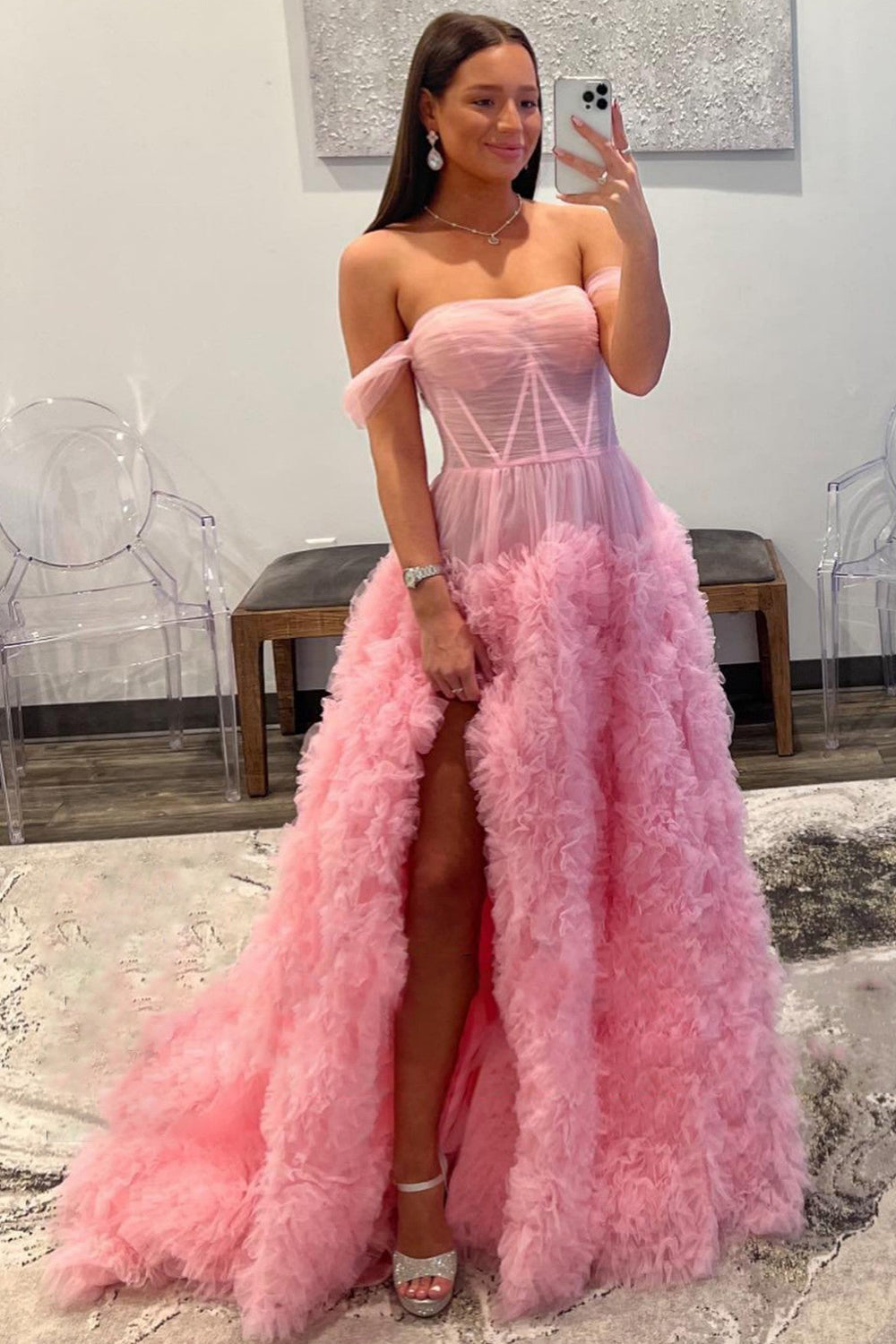 Pink Off-the-Shoulder Princess Corset Prom Dress with A-Line Ruffles