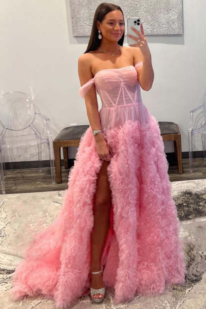 Pink Off-the-Shoulder Princess Corset Prom Dress with A-Line Ruffles