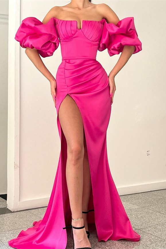 Fuchsia Strapless Mermaid Off-The-Shoulder Puff Sleeves Evening Dress With Split