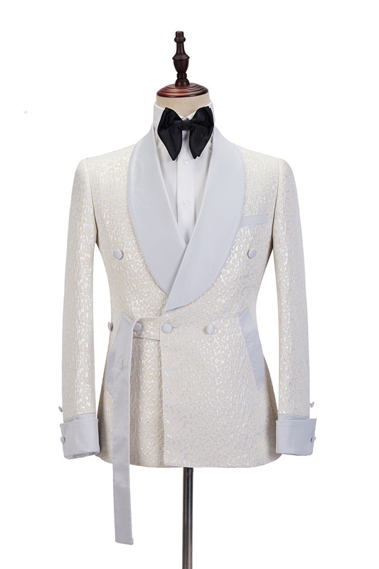 Chic Off-White Shawl-Lapel Slim-Fit Jacquard Wedding Suit for Men