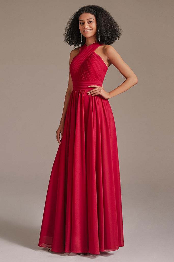 Chiffon Red Halter Bridesmaid Dress