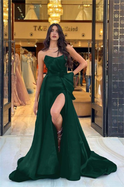 Chic Navy Blue Strapless Sleeveless Long Split Formal Dress With Bowknot