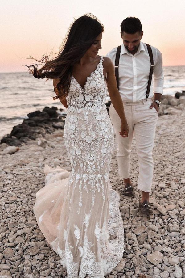 Charming V-Neck Long Mermaid Floral Wedding Dress with Lace Backless