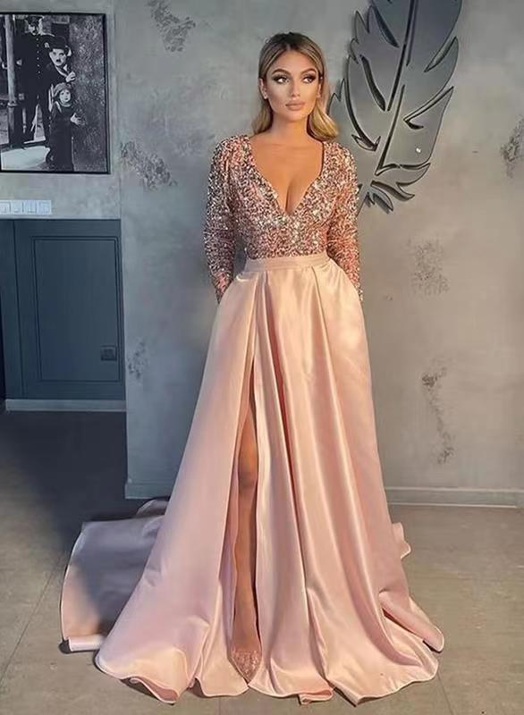 Pink Sequins Long Sleeves Prom Dress With Split