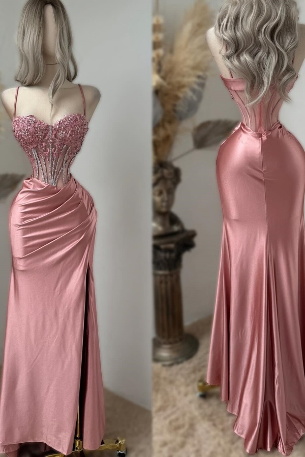 Sweetheart Exquisite Spaghetti-Straps Embroidery Split Evening Dress