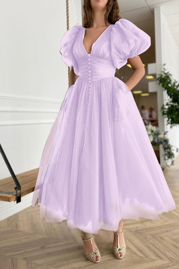 Dark Green Evening Dress A-Line With Short Sleeves V-Neck