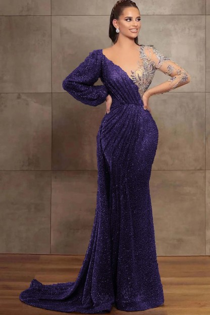 Gorgeous V-Neck Mermaid Evening Dress Long Sleeves With Sequins Beads