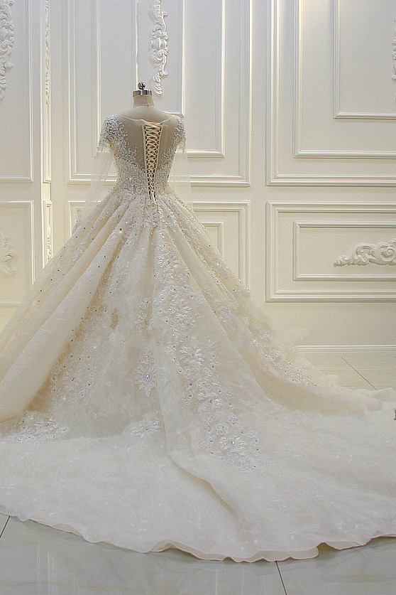 Elegant Beading Ball Gown Long Sleeves Bateau Wedding Dress with Appliques Lace