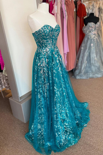 Elegant Sweetheart Peacock Blue A-Line Corset Prom Dress Featuring Appliques