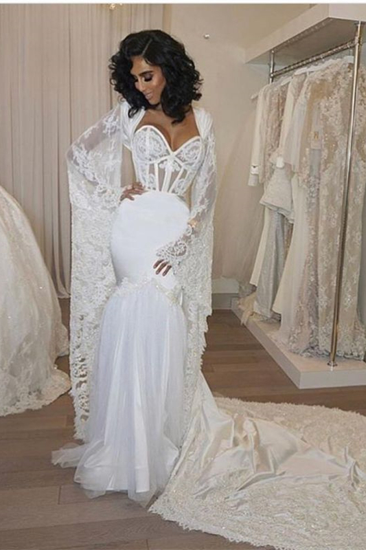 Modern Mermaid Sweetheart Wedding Dress with Lace Cape