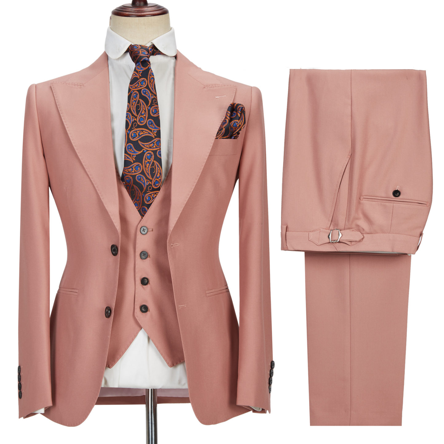 Stylish Ivan Coral Pink Three-Piece Two-Button Peak-Lapel Men's Suit