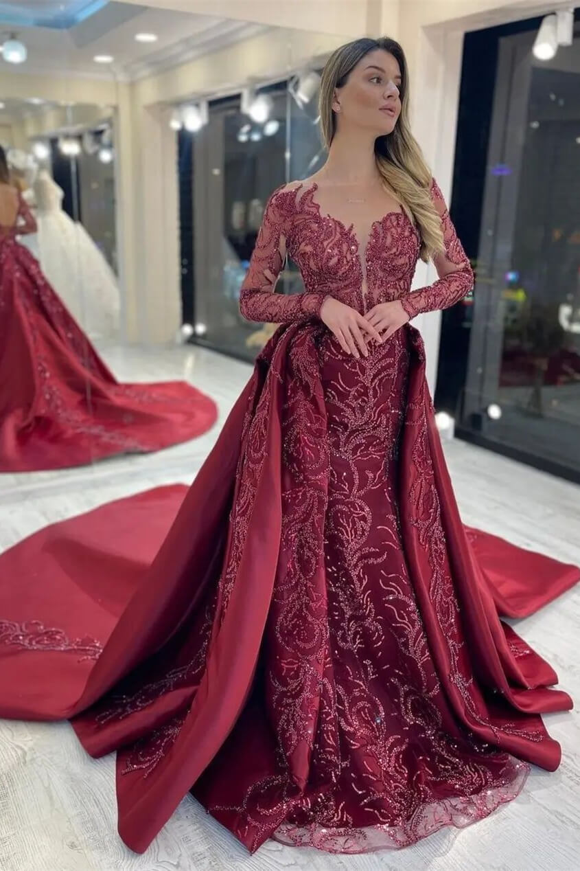 Burgundy Long Sleeve Mermaid Evening Dress With Beautiful Sequins Beadings Overskirt