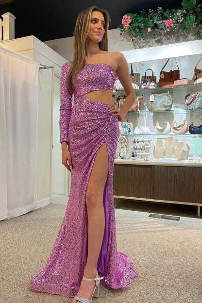 Purple Sequined Prom Dress with Mermaid Cut and One Shoulder