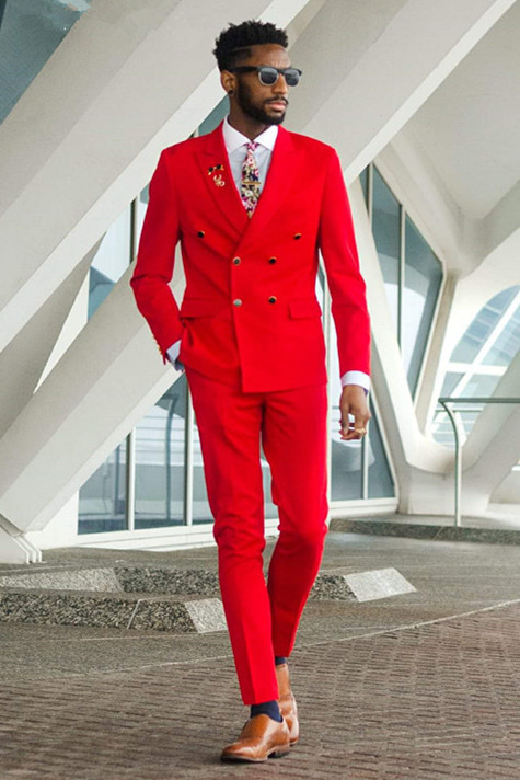 Newest Red Marriage Suit for Men Double-Breasted with Peaked Lapel