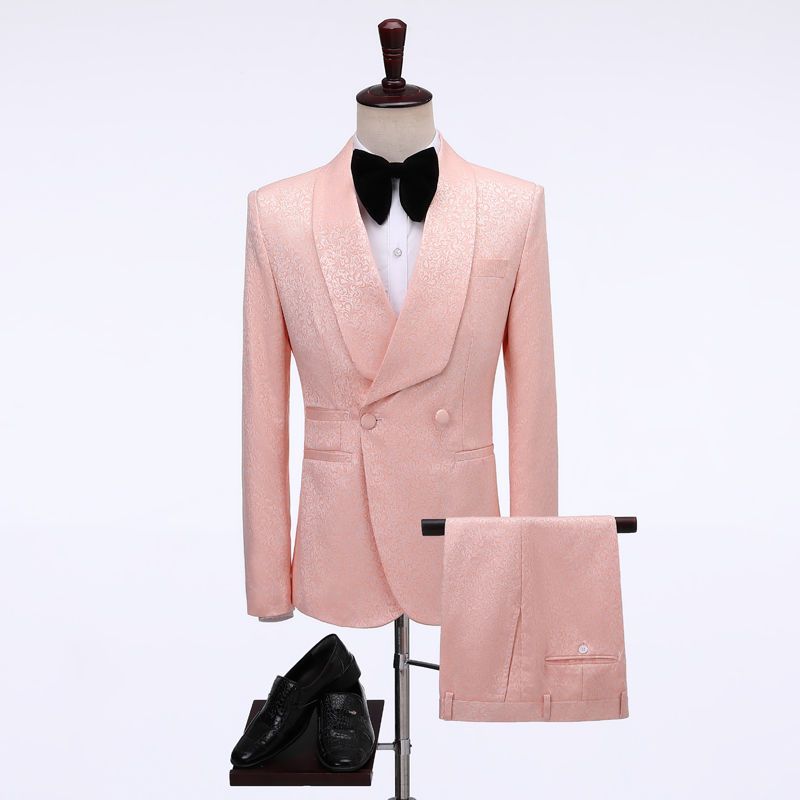 Stylish Pink Jacquard Double-Breasted Wedding Suit with Shawl Lapel