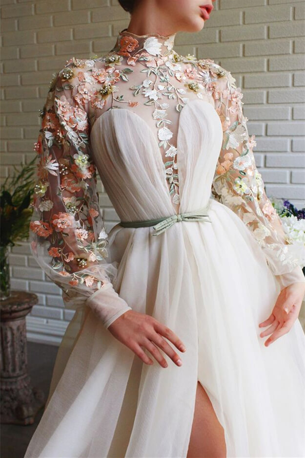 White Mermaid Long Sleeves Evening Dress With Flowers Split High Collar