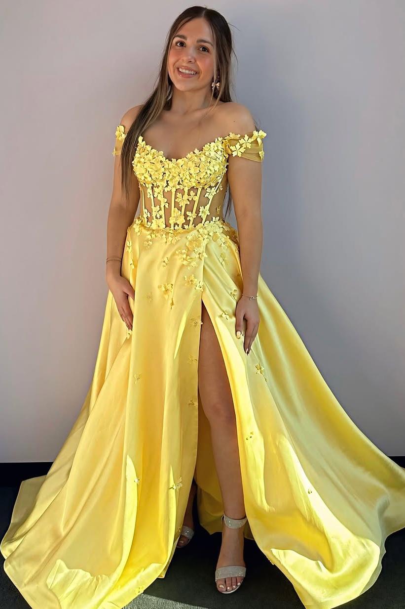Off the Shoulder Sleeveless Long Split Formal Dress With Appliques