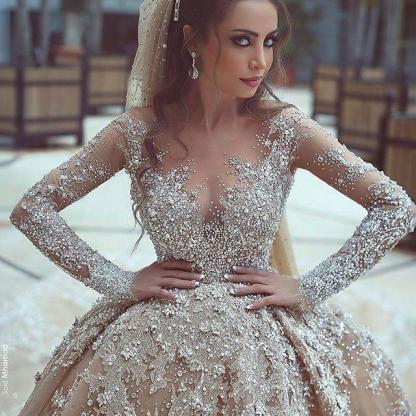 Long Sleeves Beads Ball Gown Wedding Dress with Appliques