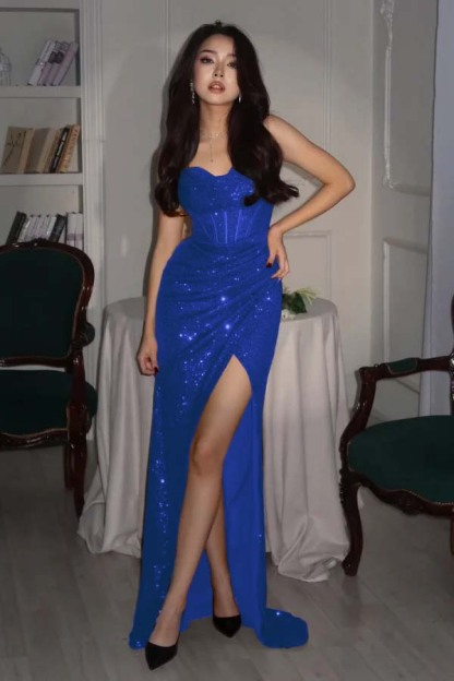 Sequin Strapless Sleeveless Long High Split Formal Dress With Pleated