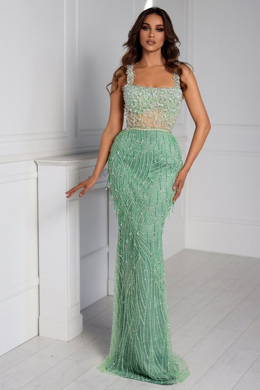 Chic Straps Sage Sleeveless Long Mermaid Formal Dress Unique Beading