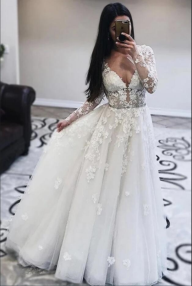 Classy Deep V-Neck Long Sleeve A-Line Wedding Dress with Appliques Lace Floor-Length Tulle