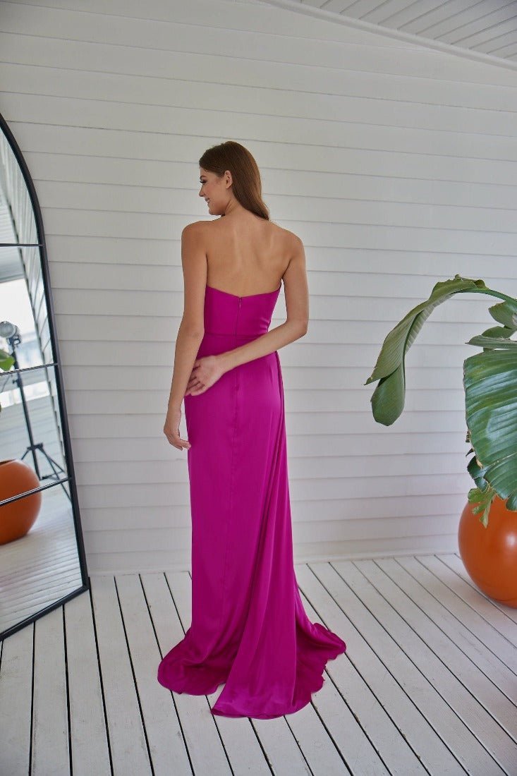 Fashionable Satin Maxi Strapless Wedding Guest or Prom Dress