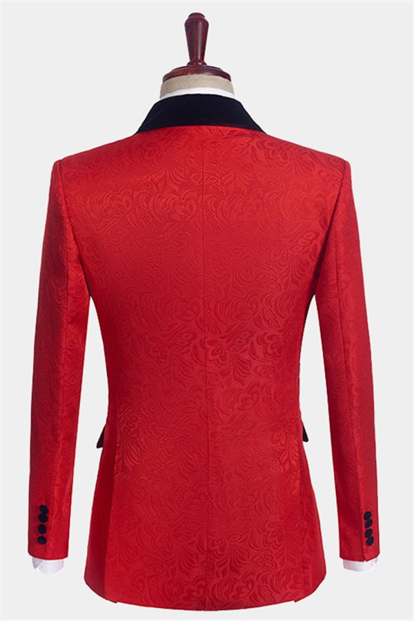 Red Floral Tuxedo Three-Piece Prince Suit for Groom with Black Lapel
