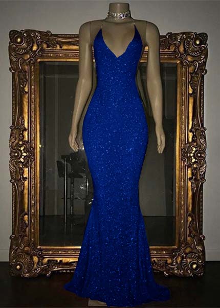 V-Neck Mermaid Elegant Halter Evening Dress With Sequins