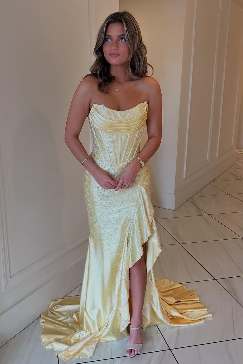 Strapless Sleeveless Long Mermaid Formal Dress With Split Beading